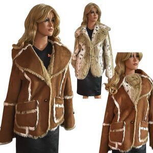 Y2K Faux Fur Suede Jacket Womens M Reversible Brown Lynx Style Coat Shearling